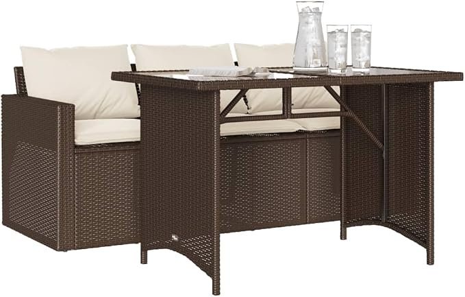 2 Piece Patio Dining Set with Cushions Brown Poly Rattan Outdoor Table and 3-Seater Sofa Set for Garden Backyard Patio, Tempered Glass Powder-Coated Steel Frame, Removable Washable Cushion Covers