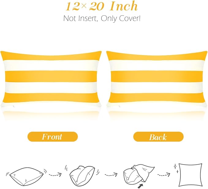 Lewondr 2 Pack Outdoor Throw Pillow Covers, 12"x20", Yellow + White | Lumbar Rectangle Stripe, Waterproof, For Outdoor Patio Porch Farmhouse Garden Balcony Couch, 30x50cm