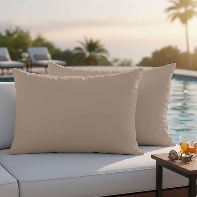 Lumbar Pillow Covers 12 x 20 Inches, Beige Solid Color Waterproof Throw Pillow Cover Set of 2, Aesthetics Contemporary Luxury Decorative Rectangle Cushion Covers for Patio/Couch/Garden