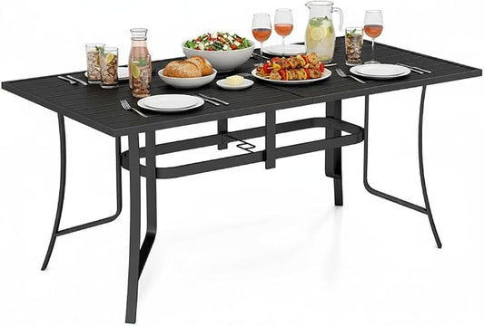 Tangkula 63" x 33" Metal Patio Dining Table for 6, Rectangle Heavy Duty Outdoor Dining Table with Umbrella Hole, 6-Person Outside Dining Furniture for Porch, Garden, Balcony and Backyard