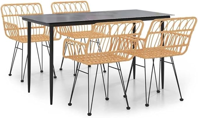 Bowery Hill 5-Piece Steel Patio Dining Set, Black Finish, Glass Table and Poly Rattan Chairs, Durable Outdoor Garden Furniture, Comfortable Seating, Modern Style for Backyard, Balcony, or Family Meals