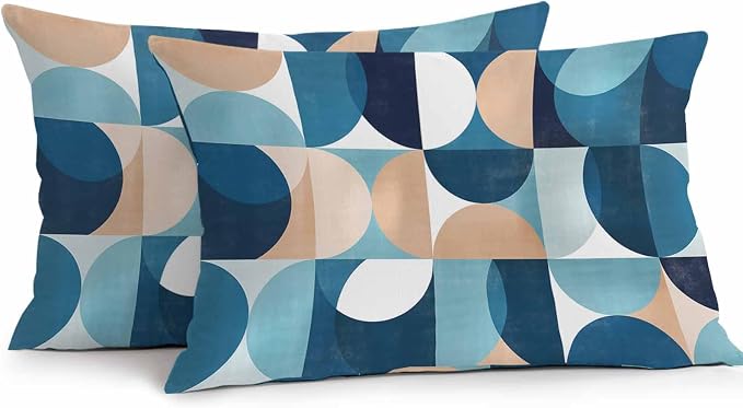 Vandarllin Outdoor Throw Pillows Covers 20x12 inch Set of 2 Waterproof Mid Century Geometric Decorative Zippered Cushion Covers for Patio Furniture, Abstract Modern Blue Lumbar Pillowcases
