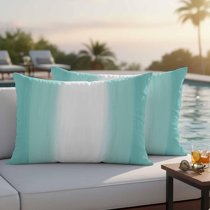 Teal Abstract Stripes Outdoor Pillow Covers 20"x12" Set of 2, Modern Teal White Gradient Waterproof Throw Pillow Covers for Patio Furniture, Decorative Cushion Covers for Porch