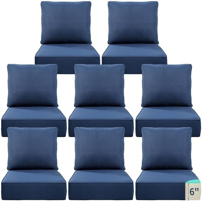 Luxury 22*24*6in Outdoor Patio Cushions, 8 Pieces Navy Blue Outdoor Cushion | 6'' Thick Outdoor Cushions, Water-Resistant, Reversible, Removable Cover, for Patio Chairs Sofa Couch Loveseat