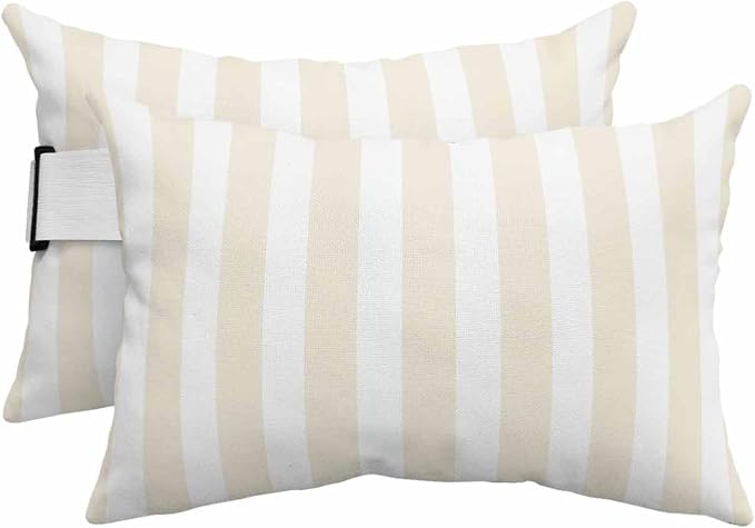 DecorLovee Cream Striped Outdoor Recliner Pillows for Head, Farmhouse Waterproof Chair Pillow with Elastic Stripe, Cream White Stripes Chaise Lounge Headrest Pillow for Patio/Beach/Pool 2Pack, 11"x16"