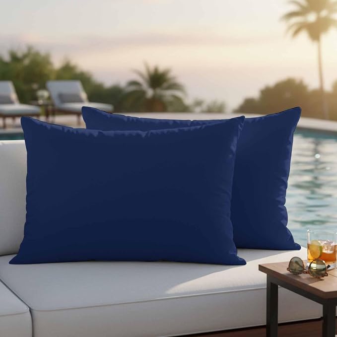 Lumbar Pillow Covers 12 x 20 Inches, Navy Blue Pure Color Waterproof Throw Pillow Cover Set of 2, Aesthetics Contemporary Luxury Decorative Rectangle Cushion Covers for Patio/Couch/Garden