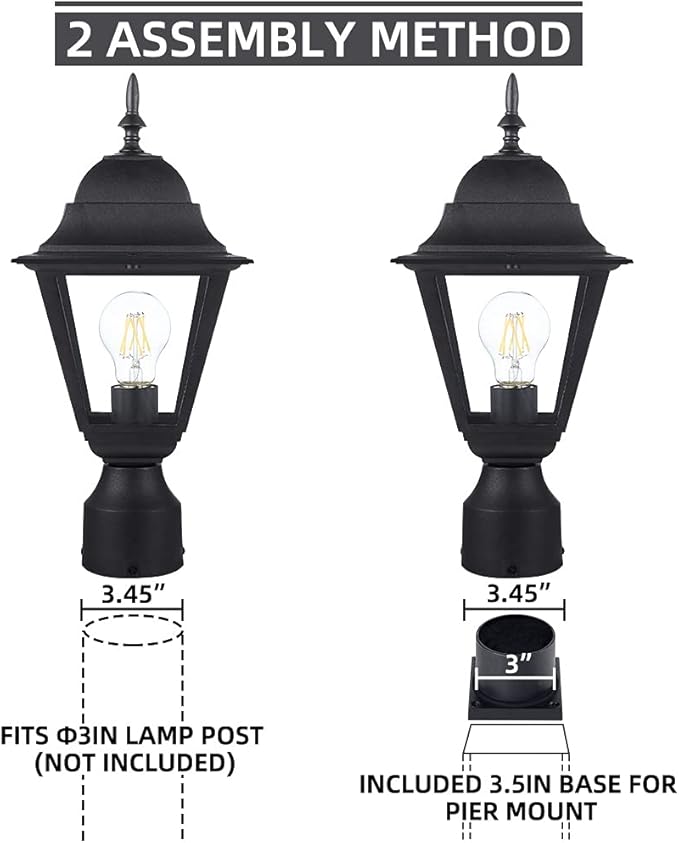 Windben Outdoor Post Light, Waterproof, 16.5in, Matte Black | Cast Aluminum Anti-Rust, Tempered Glass Panels, Comes with Pier Mount Base, For Garden, Yard, Driveway