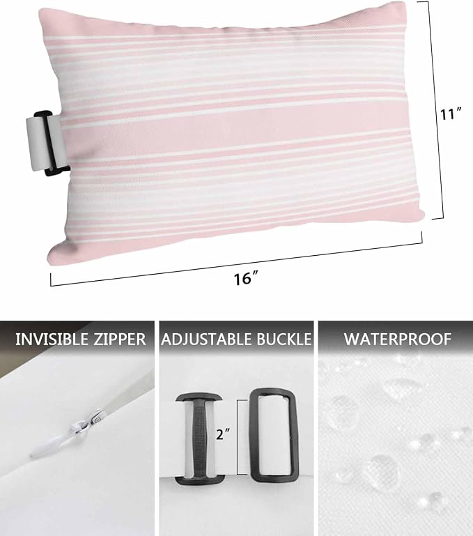 Pack of 4 Outdoor Lumbar Pillow Covers 11x16 Inch, Pink Striped Waterproof Throw Pillow Covers Set, Pink Ombre Farmhouse Stripes Indoor&Outdoor Decorative Cushion Cases for Patio Porch Car