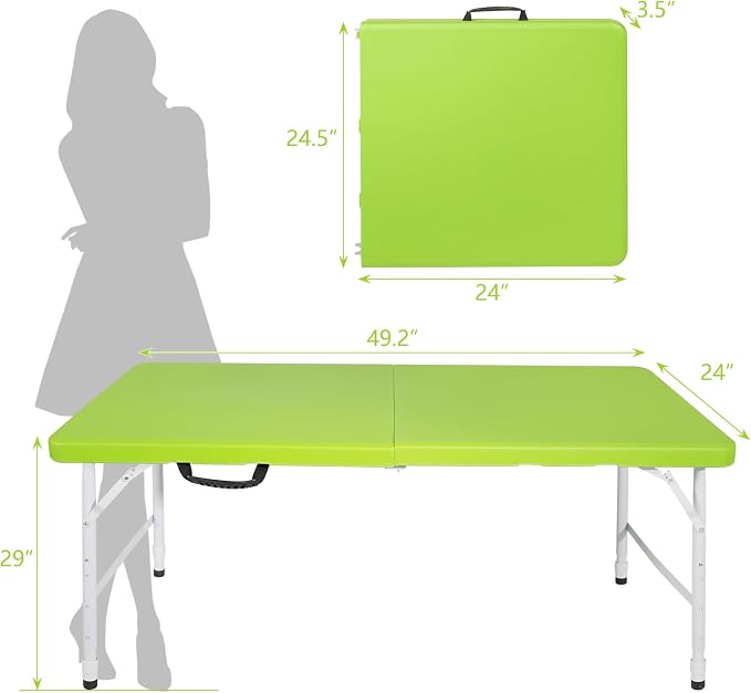 Anwick 4 Foot Folding Table Portable Fold-in-Half Plastic Picnic Table w/Handle and Steel Legs for Indoor, Outdoor, Camping, Party, Garden (Green, 4ft)