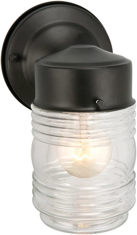 Design House Outdoor Wall Light, Jelly Jar Shape, Clear Ribbed Blass, Dimmable, Wet Rated, LED-Compatible, for Porches/Patios/Garages, Matte Black, 5.25 in W x 7.5 in H, 502195 | Wall Mount, Traditional, Steel, Lighting, 502195