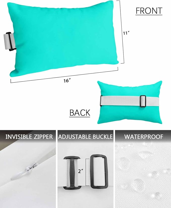 Outdoor Pillow for Lounge Chair with Strap & Insert Teal Green Pattern Recliner Head Pillow Pure Colour Waterproof Headrest Patio Lumbar Pillows for Beach Pool Office Chaise Chair 11x16 Inch