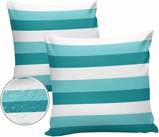 Pack of 2 Turquoise Green Stripe Outdoor Pillow Waterproof Covers 16x16 inch, Modern Art Polyester Throw Pillow Covers Garden Cushion Decorative Case for Patio Couch Decoration