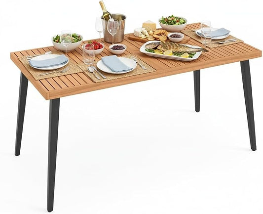 Tangkula 63" Acacia Wood Patio Dining Table for 6, Outdoor Dining Table with 1.97" Umbrella Hole & Metal Legs & Adjustable Foot Pads, Rectangular 6-Person Outside Table for Garden, Poolside & Backyard