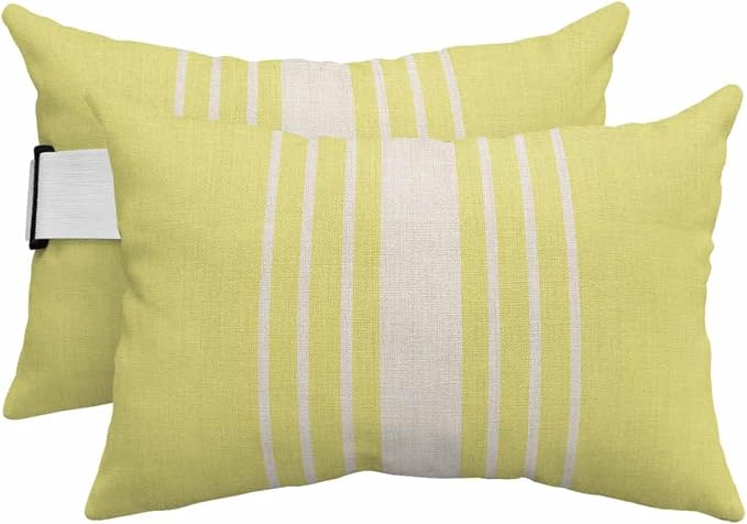 Pack of 2 Outdoor Lumbar Pillow Covers 12x20 Inch, Yellow Beige Striped Waterproof Throw Pillow Covers Set, Modern Farmhouse Retro Lines Indoor&Outdoor Decorative Cushion Cases for Patio Porch Beach