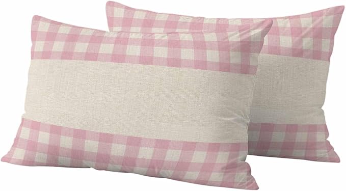 Retro Pink Outdoor Waterproof Pillow Covers, Farmhouse Buffalo Plaid Vintage Beige Decorative Rectangle Throw Pillowcase Sofa Cushion Sham for Patio/Couch/Chair, 20"x12" 2 Pack