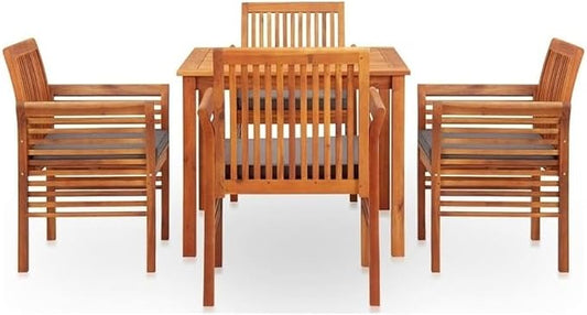 BOWERY HILL 5-Piece Acacia Wood Outdoor Dining Set, Brown Frame, Dark Gray Cushions, Weather-Resistant, Stackable Chairs, Oiled Finish, Patio, Garden or Terrace Furniture for Family Meals