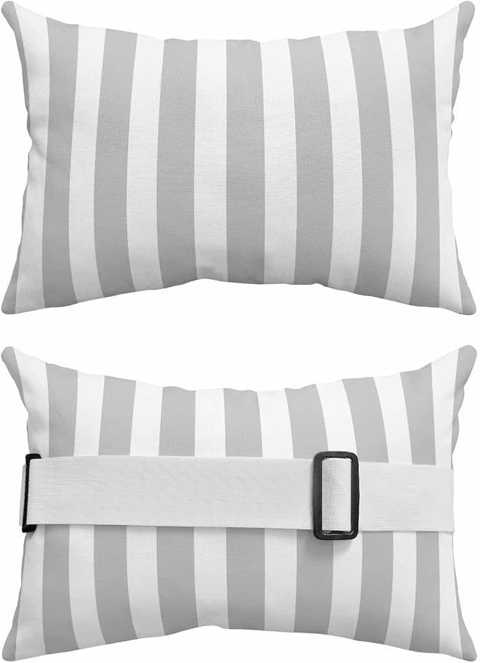 DecorLovee Grey Striped Outdoor Recliner Pillows for Head, Farmhouse Waterproof Chair Pillow with Elastic Stripe, Gray White Stripes Chaise Lounge Headrest Pillow for Patio/Beach/Pool 1Pack, 11"x16"