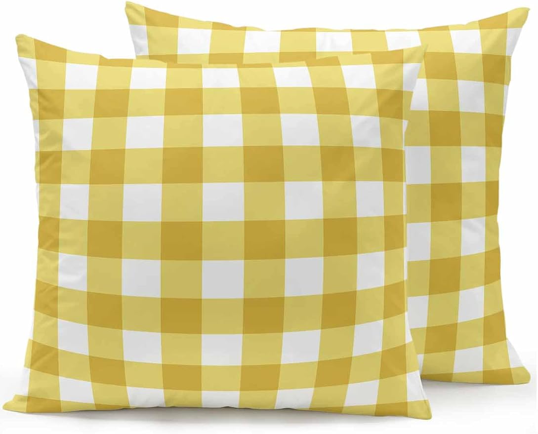 Waterproof Outdoor Pillow Set of 2 Yellow Buffalo Plaid Decorative Throw Pillows Cover & Insert 18x18 Inch Pillowcase Check Lines Square Pillows for Couch Sofa Bed Patio Furniture Indoor Outdoor