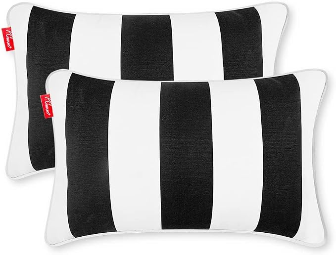 Pack of 2 Outdoor Lumbar Pillows,20x12 Inch All-Weather Water-Resistant Patio Pillows with Inserts,Decorative Pillows for Patio Furniture,Couch,Sofa,Poolside,Black White