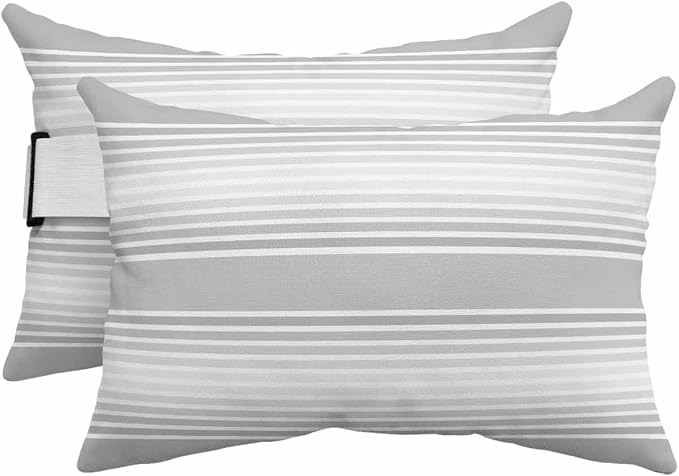 Pack of 2 Outdoor Lumbar Pillow Covers 11x16 Inch, Grey Striped Waterproof Throw Pillow Covers Set, Gray Ombre Farmhouse Stripes Indoor&Outdoor Decorative Cushion Cases for Patio Porch Car