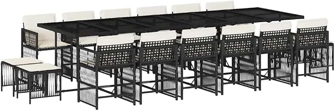 17 Piece Garden Dining Set Black Poly Rattan Patio Furniture Set with Rectangular Table 12 Foldable Chairs 4 Stools and Cushions for Outdoor Backyard Terrace
