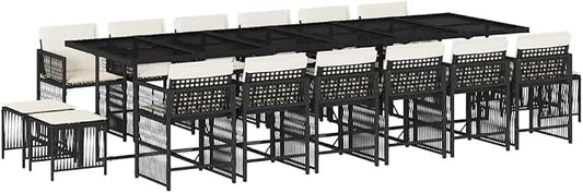 17 Piece Garden Dining Set Black Poly Rattan Patio Furniture Set with Rectangular Table 12 Foldable Chairs 4 Stools and Cushions for Outdoor Backyard Terrace
