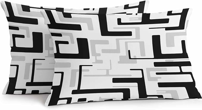 Vandarllin Outdoor Throw Pillows Covers 20x12 inch Set of 2 Waterproof Black Geometric Stripes Decorative Zippered Cushion Covers for Patio Furniture, Modern Abstract Lines Lumbar Pillowcases