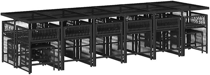 Afuera Living 17-Piece Patio Dining Set, Black Poly Rattan with Cream Cushions, Includes Rectangular Garden Table, Folding Chairs, Stools, Powder-Coated Finish, Outdoor Furniture for Garden or Terrace