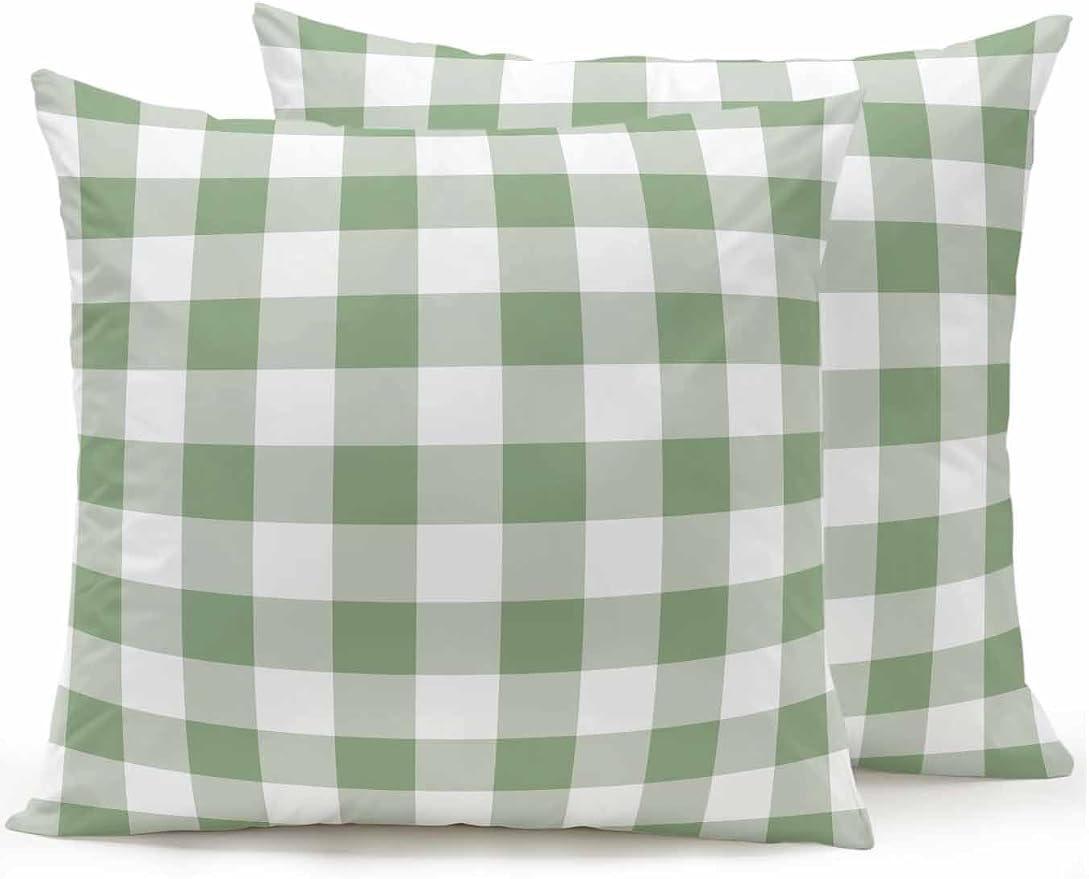 Waterproof Outdoor Pillow Set of 2 Green Buffalo Plaid Decorative Throw Pillows Cover & Insert 18x18 Inch Pillowcase Check Lines Square Pillows for Couch Sofa Bed Patio Furniture Indoor Outdoor