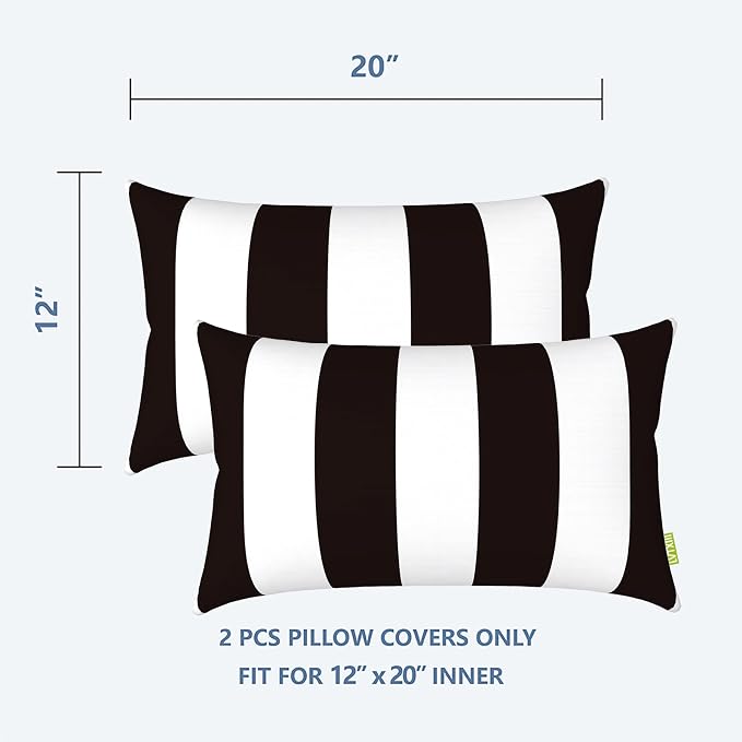 LVTXIII Outdoor/Indoor Lumbar Pillow Case Covers ONLY, 12” x 20” Patio Garden Decorative Lumbar Pillow Covers Pack of 2 for Outdoor Home Patio Furniture Use - Cabana Black