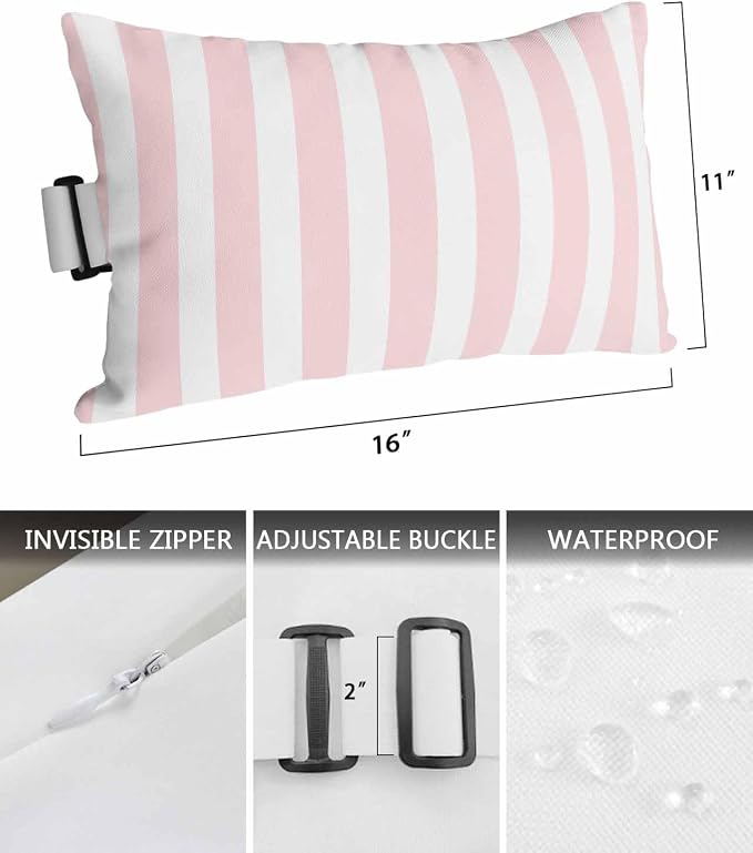 DecorLovee Pink Striped Outdoor Recliner Pillows for Head, Farmhouse Waterproof Chair Pillow with Elastic Stripe, Pink White Stripes Chaise Lounge Headrest Pillow for Patio/Beach/Pool 2Pack, 11"x16"