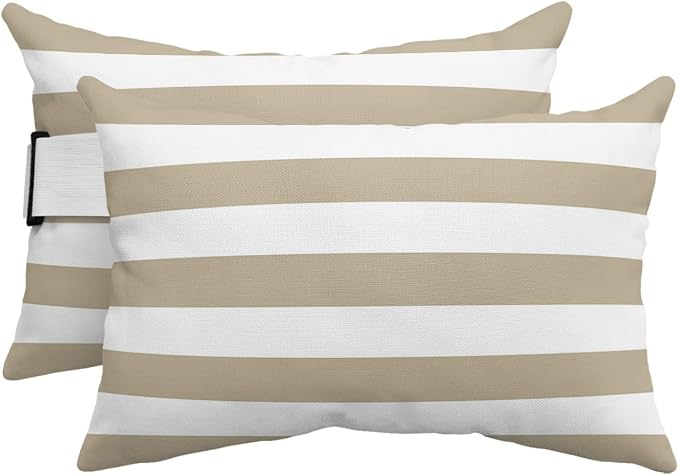 T&H XHome Outdoor Pillow for Chaise Lounge Chair, Khaki and White Stripe Waterproof Headrest Pillow Lumbar Pillows with Adjustable Elastic Strap for Beach, Poolside, Patio, Office (2 Pack)