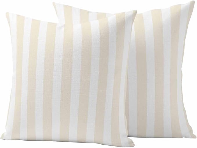 Cream Striped Outdoor Waterproof Throw Pillow Covers 18x18 Set of 2, Modern Farmhouse Cream White Stripes Decorative Pillowcases Cushion Pillowcase for Couch Sofa Patio Outside Pillow Protector