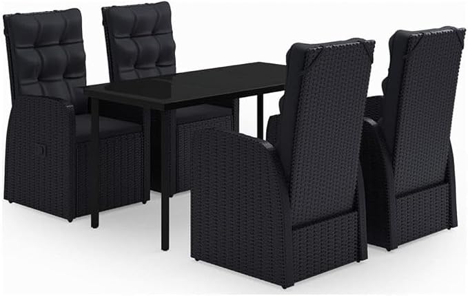 Afuera Living 5-Piece PE Rattan Garden Dining Set, Powder-Coated Steel Frame, Black Finish, Glass Top Table, Sleek Modern Design, Removable Cushions, Outdoor Terrace Patio Seating for 4