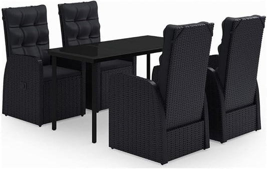 Afuera Living 5-Piece PE Rattan Garden Dining Set, Powder-Coated Steel Frame, Black Finish, Glass Top Table, Sleek Modern Design, Removable Cushions, Outdoor Terrace Patio Seating for 4