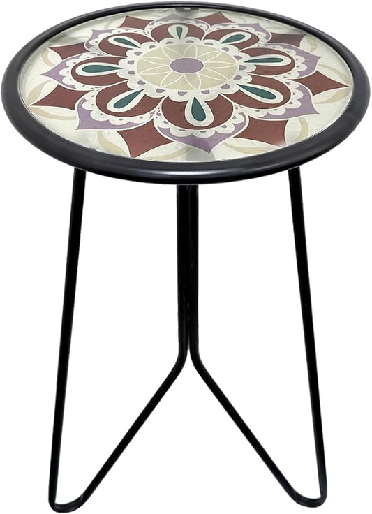 LIFFY Outdoor Side Table, 12" Small Patio Side Table for Outside, Indoor Round Home Decor End Table & Accent Table with Glass Top, Decorative Plant Table Stands for Garden Yard Porch Balcony