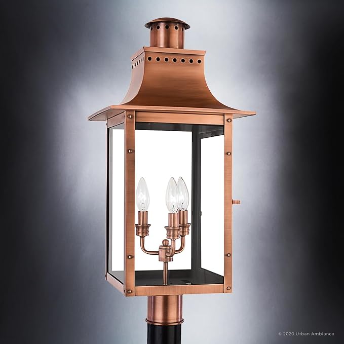 Luxury Antique Outdoor Post/Pier Light, Large Size: 26" H x 12" W, with French Country Style Elements, Rustic Copper Finish, UQL1410, Longview Collection
