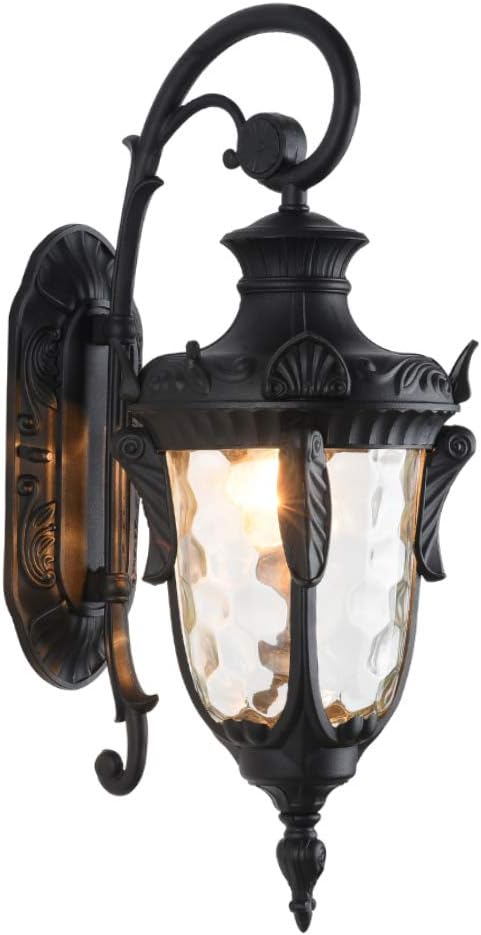 16.93” Outdoor Wall Light Fixture Black Exterior Wall Lantern | Outside Waterproof Sconce Rustic Porch Lights Wall Mount with Hammered Glass Shade for House