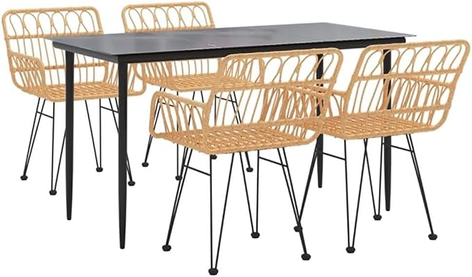 Bowery Hill 5-Piece Steel Patio Dining Set, Black Finish, Glass Table and Poly Rattan Chairs, Durable Outdoor Garden Furniture, Comfortable Seating, Modern Style for Backyard, Balcony, or Family Meals