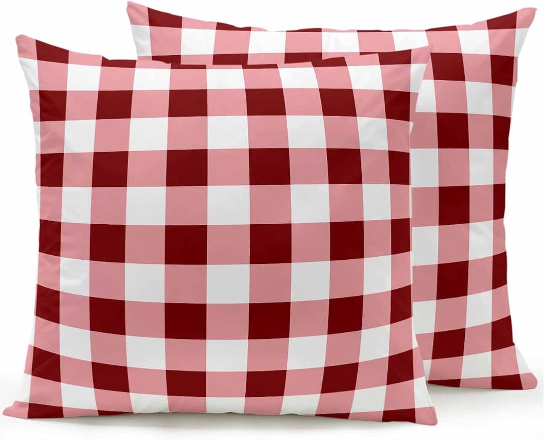 Waterproof Outdoor Pillow Set of 2 Red Check Buffalo Plaid Decorative Throw Pillows Cover & Insert 18x18 Inch Pillowcase Check Lines Square Pillows for Couch Sofa Bed Patio Furniture Indoor Outdoor