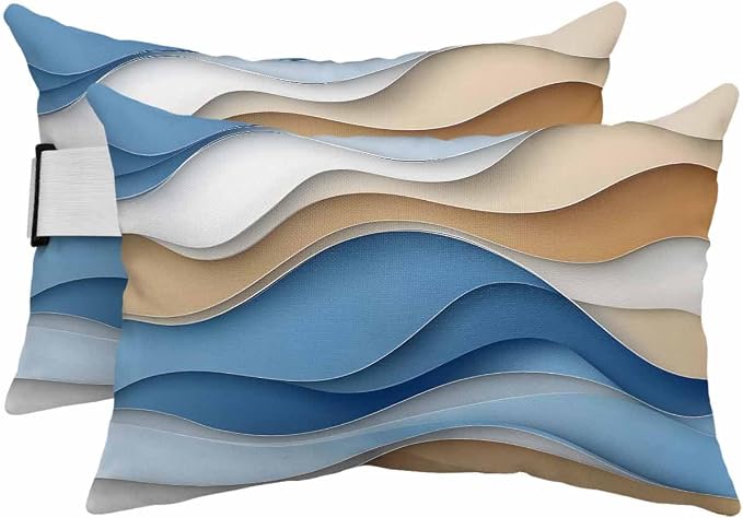 Ombre Blue Cream Outdoor Pillows for Chaise Lounge Chair, Modern Geometric Waterproof Lumbar Head Support Pillow with Adjustable Elastic Band for Pool Patio Furniture Decorative