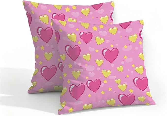 16x16 Inch Outdoor Pillow Covers Set of 2 Waterproof Throw Pillow Covers Decorative Couch Cushion Covers Pink Hearts Yellow Star Square Pillowcases Protectors for Patio Garden Sofa