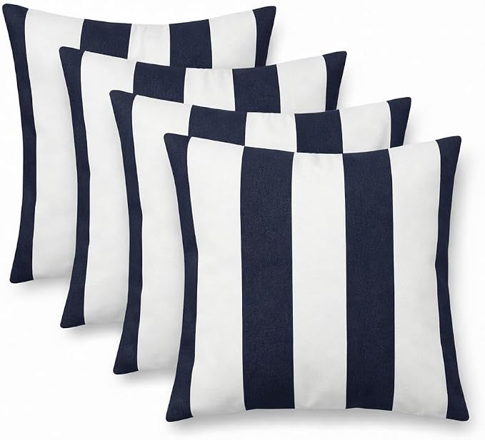 RSH DECOR: Sunbrella Square Throw Pillows Set of 4 | 20" x 20" | Water & Fade-Resistant | Outdoor Pillow Covers with Down-Alternative Inserts | Made in USA (Cabana Midnight Navy Stripe)