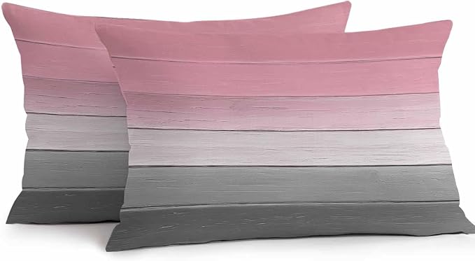 Pink Gray Outdoor Pillow Covers 20x12 Inch Lumbar Pillow Covers Set of 2 Waterproof Decorative Throw Pillow Cases Vintage Country Gradient Wooden Plank Line Cushion Covers for Patio Furniture Garden
