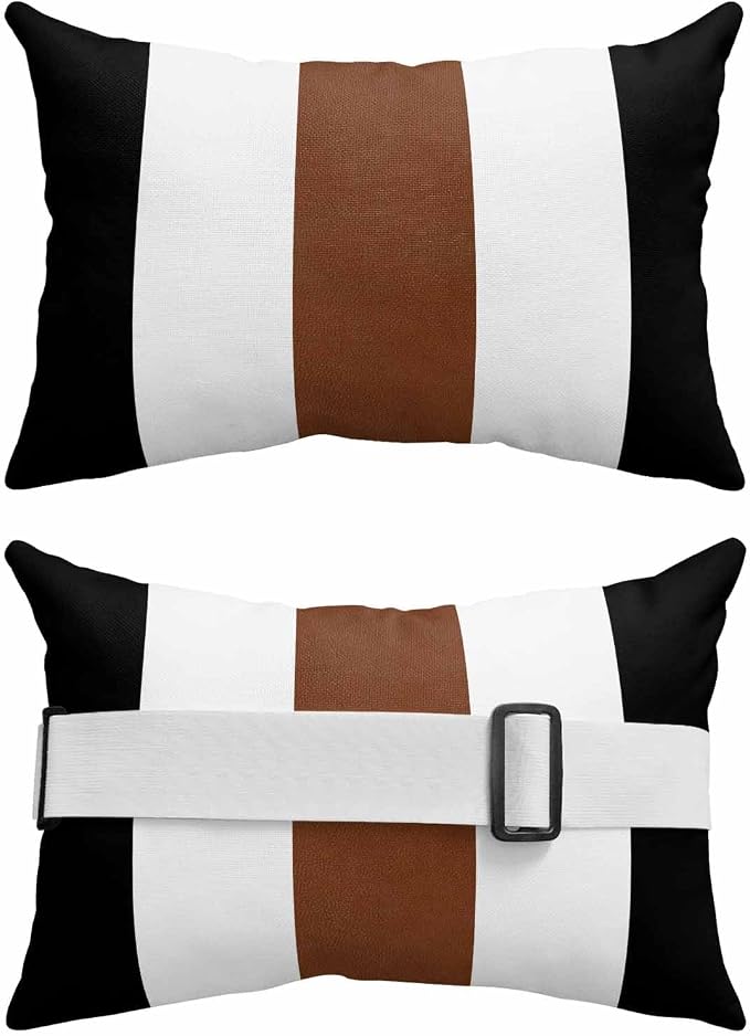 Pack of 2 Outdoor Pillows with Inserts, Boho Style Vintage Farmhouse Brown Black Stripes Waterproof Fluffy Lumbar Cushion Covers, Patio Furniture Pillows for Balcony Garden Decor (11"x16")