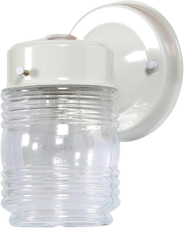 Design House Jelly Jar 1-Light Outdoor Wall Lantern, White Finish, Clear Ribbed Glass, Wet Rated Exterior Porch Light for Patio, Garage, Entryway, Front Door, and Deck, 500181 | Wall Mount, Traditional, Steel, Lighting, 500181