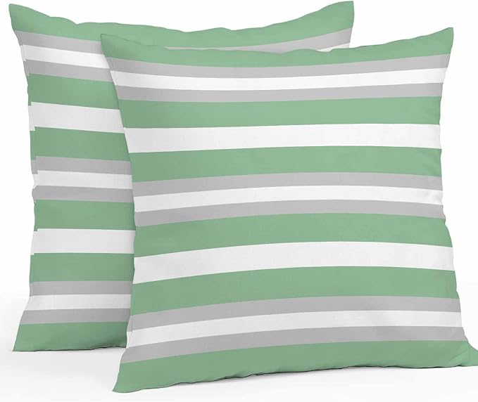 Green Grey Stripe Outdoor Pillow Covers Waterproof, All Weather Cushion Case Set of 2, Minimalist Farmhouse Striped Decorative Pillowcases for Sofa Couch Bed Decor Patio Furniture 16"x16"