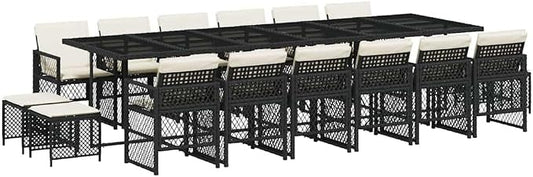 17-Piece Garden Dining Set with Cushions, Large Rectangular PE Rattan Outdoor Patio Table with 12 Folding Chairs and 4 Stools for Backyard, Deck and Terrace, Black and Cream
