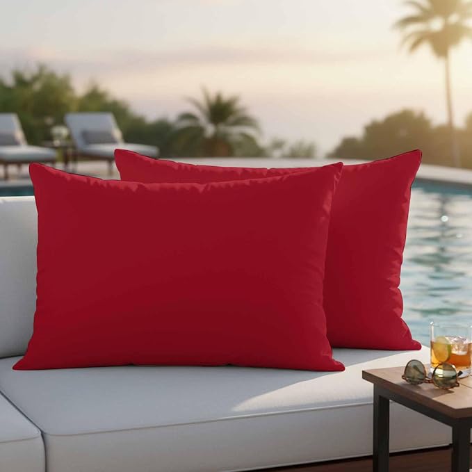 Red Outdoor Pillow Covers 20"x12" Set of 2, Solid Color Waterproof Throw Pillow Covers for Patio Furniture, Decorative Cushion Covers for Porch