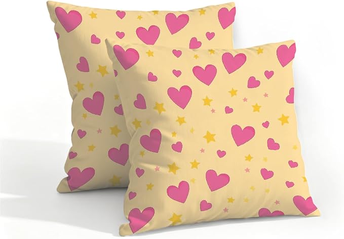 16x16 Inch Outdoor Pillow Covers Set of 2 Waterproof Throw Pillow Covers Decorative Couch Cushion Covers Pink Hearts Yellow Stars Square Pillowcases Protectors for Patio Garden Sofa